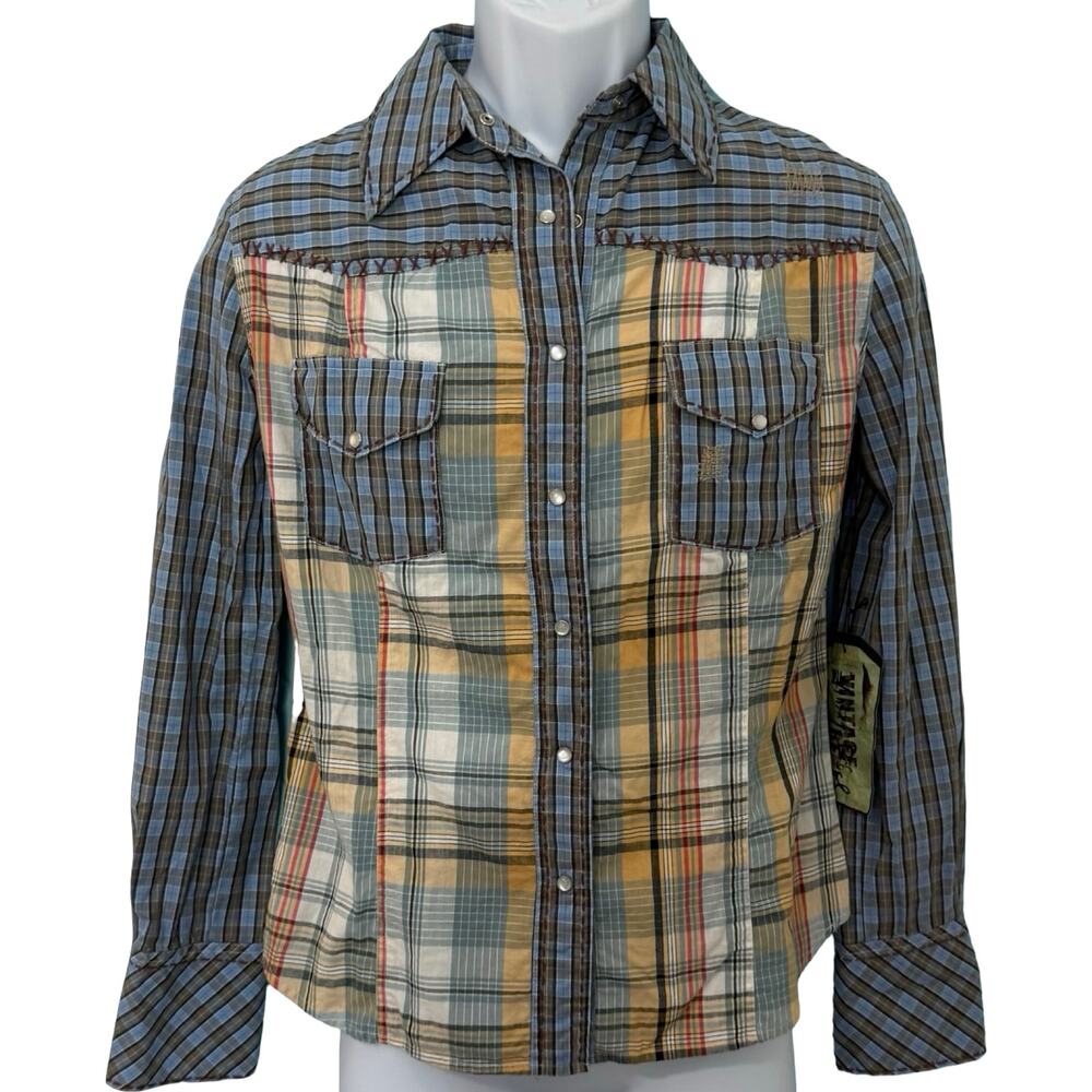 Vintage Rebel Western Blue Yellow Plaid Pearl Snap Collared Shirt size S NEW Tag